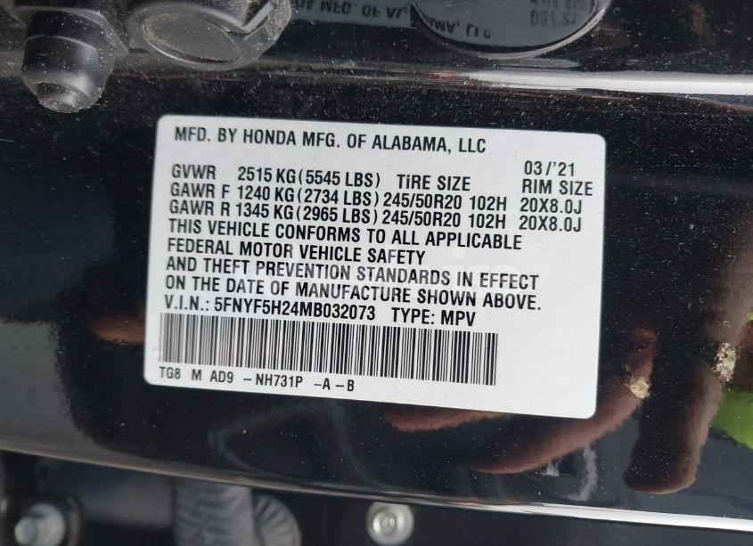 Photo 9 of 2021 Honda Pilot 2WD SPECIAL EDITION (VIN 5FNYF5H24MB032073)