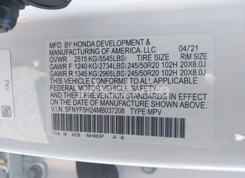 Photo 9 of 2021 Honda Pilot 2WD SPECIAL EDITION (VIN 5FNYF5H24MB037208)
