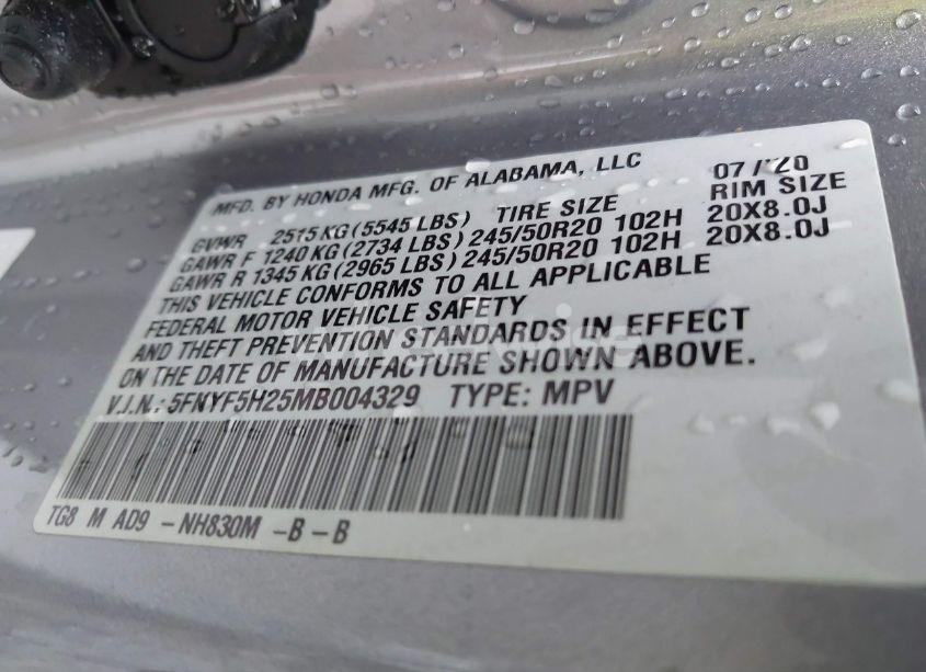 Photo 9 of 2021 Honda Pilot 2WD SPECIAL EDITION (VIN 5FNYF5H25MB004329)