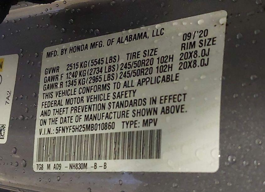 Photo 9 of 2021 Honda Pilot 2WD SPECIAL EDITION (VIN 5FNYF5H25MB010860)