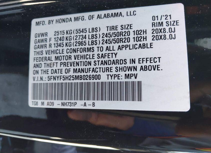 Photo 9 of 2021 Honda Pilot 2WD SPECIAL EDITION (VIN 5FNYF5H25MB026900)