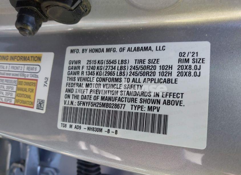 Photo 9 of 2021 Honda Pilot 2WD SPECIAL EDITION (VIN 5FNYF5H25MB028677)