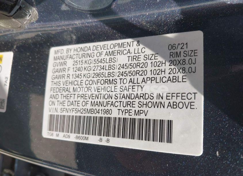 Photo 9 of 2021 Honda Pilot 2WD SPECIAL EDITION (VIN 5FNYF5H25MB041980)