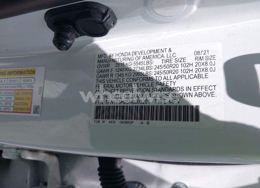 Photo 9 of 2022 Honda Pilot 2WD SPECIAL EDITION (VIN 5FNYF5H25NB003201)