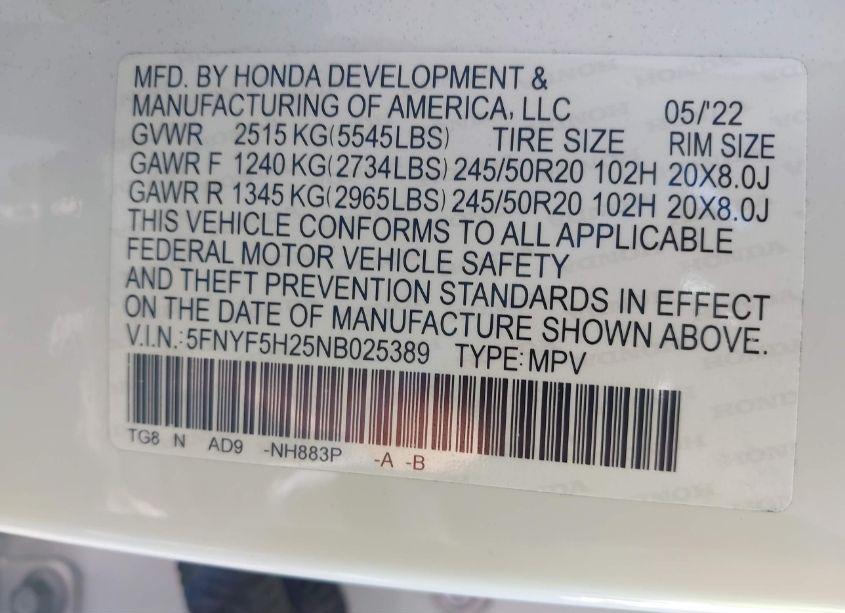 Photo 9 of 2022 Honda Pilot 2WD SPECIAL EDITION (VIN 5FNYF5H25NB025389)