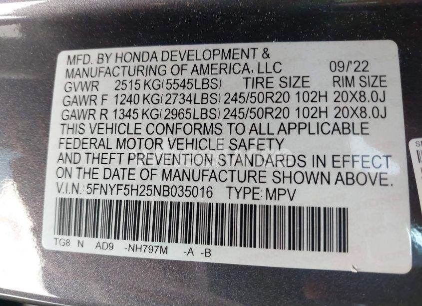 Photo 9 of 2022 Honda Pilot 2WD SPECIAL EDITION (VIN 5FNYF5H25NB035016)