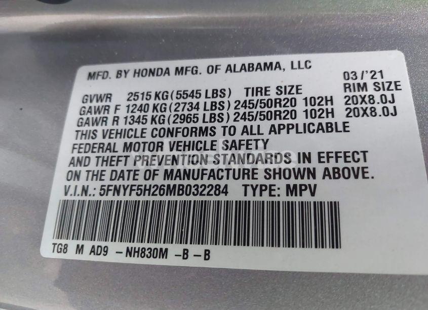 Photo 9 of 2021 Honda Pilot 2WD SPECIAL EDITION (VIN 5FNYF5H26MB032284)