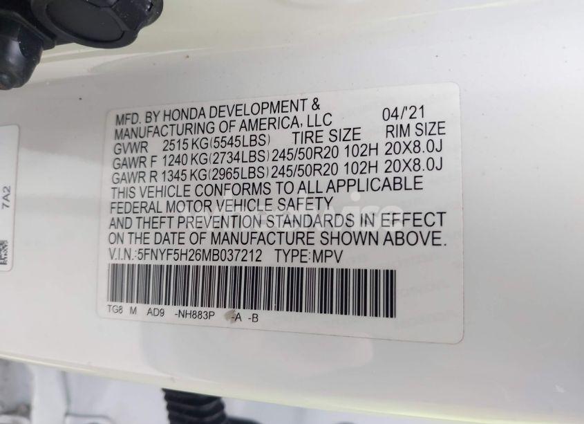 Photo 9 of 2021 Honda Pilot 2WD SPECIAL EDITION (VIN 5FNYF5H26MB037212)