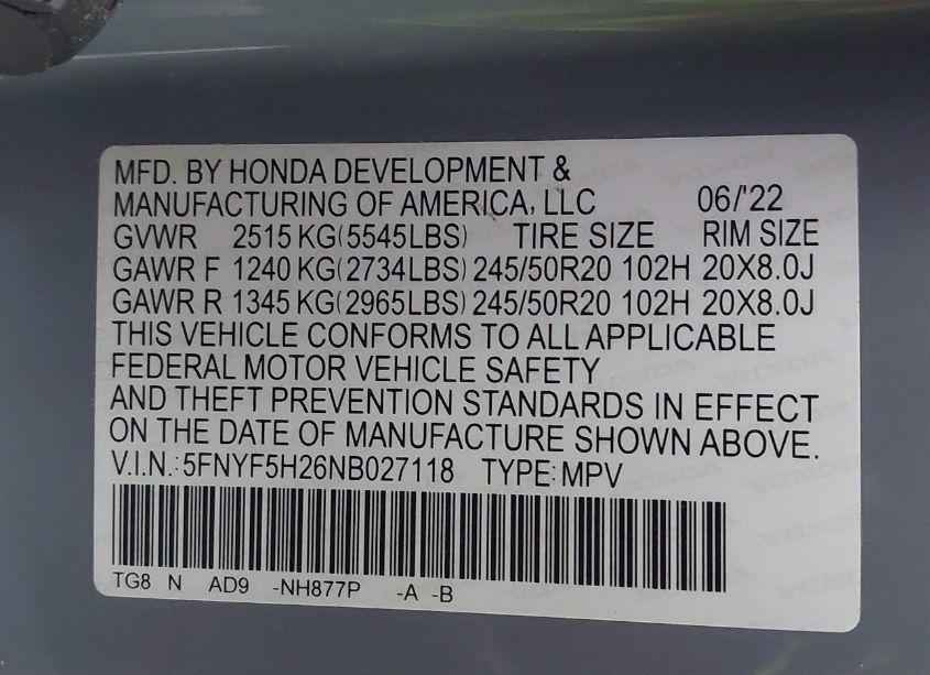 Photo 9 of 2022 Honda Pilot 2WD SPECIAL EDITION (VIN 5FNYF5H26NB027118)