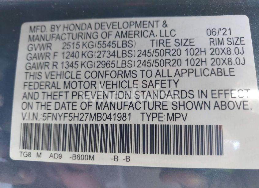 Photo 9 of 2021 Honda Pilot 2WD SPECIAL EDITION (VIN 5FNYF5H27MB041981)