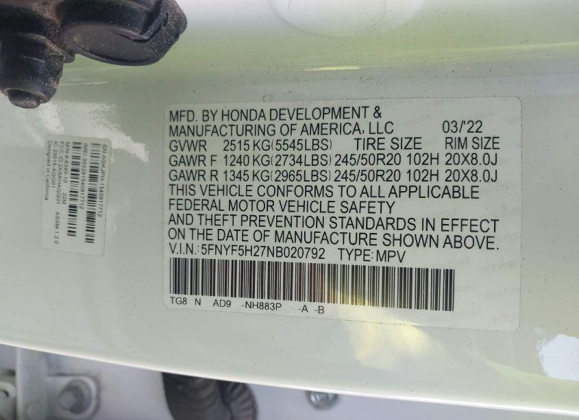 Photo 9 of 2022 Honda Pilot 2WD SPECIAL EDITION (VIN 5FNYF5H27NB020792)