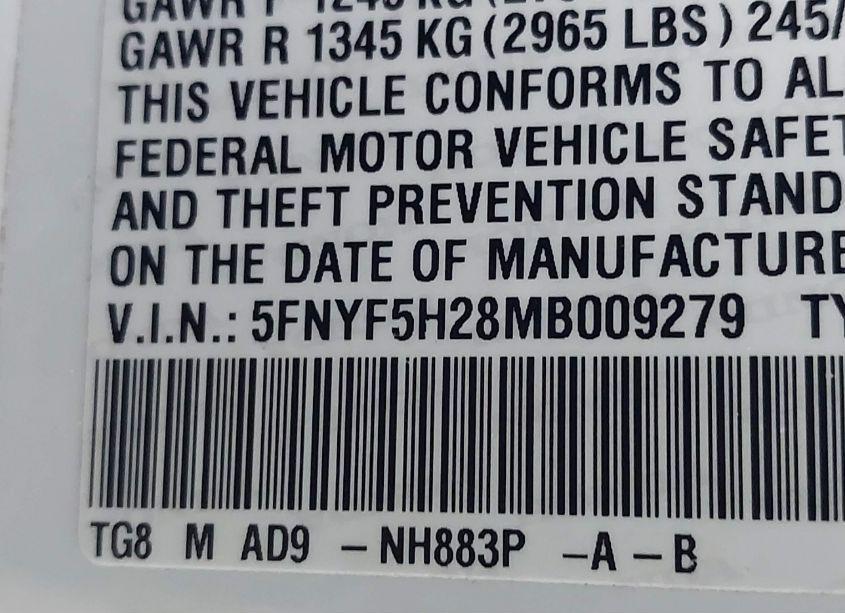 Photo 9 of 2021 Honda Pilot 2WD SPECIAL EDITION (VIN 5FNYF5H28MB009279)