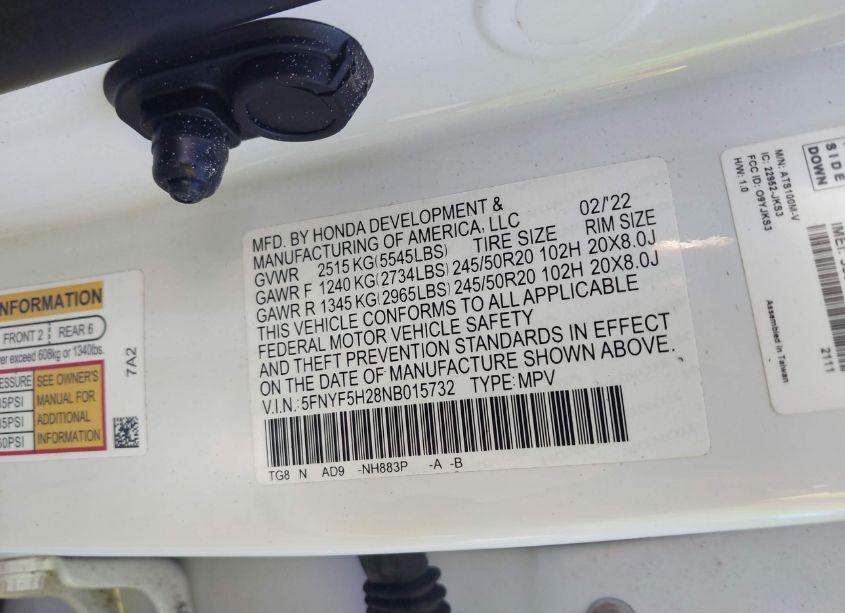 Photo 9 of 2022 Honda Pilot 2WD SPECIAL EDITION (VIN 5FNYF5H28NB015732)