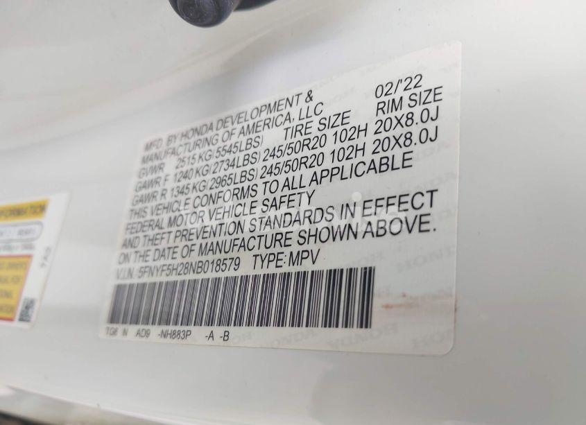 Photo 9 of 2022 Honda Pilot 2WD SPECIAL EDITION (VIN 5FNYF5H28NB018579)