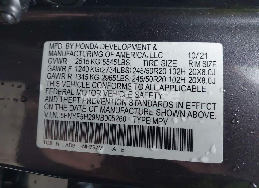 Photo 9 of 2022 Honda Pilot 2WD SPECIAL EDITION (VIN 5FNYF5H29NB005260)