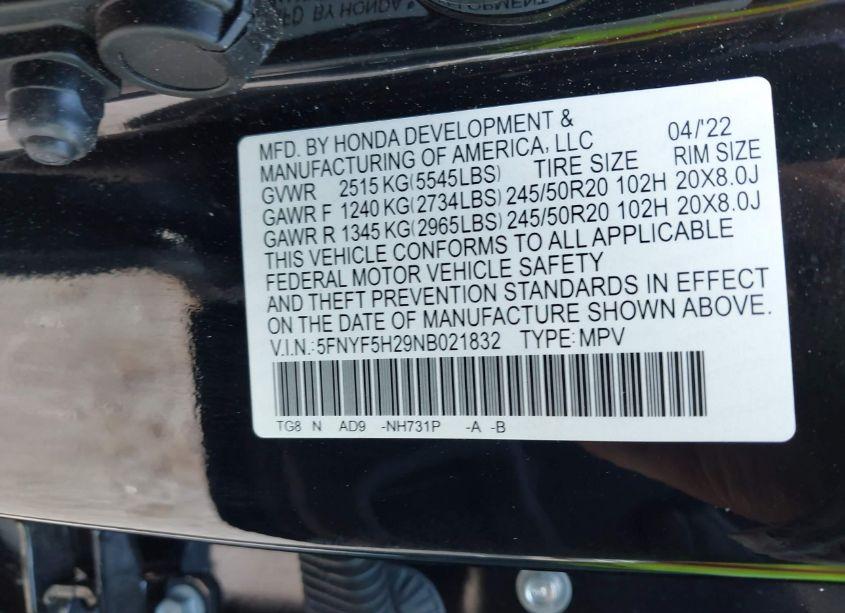 Photo 9 of 2022 Honda Pilot 2WD SPECIAL EDITION (VIN 5FNYF5H29NB021832)