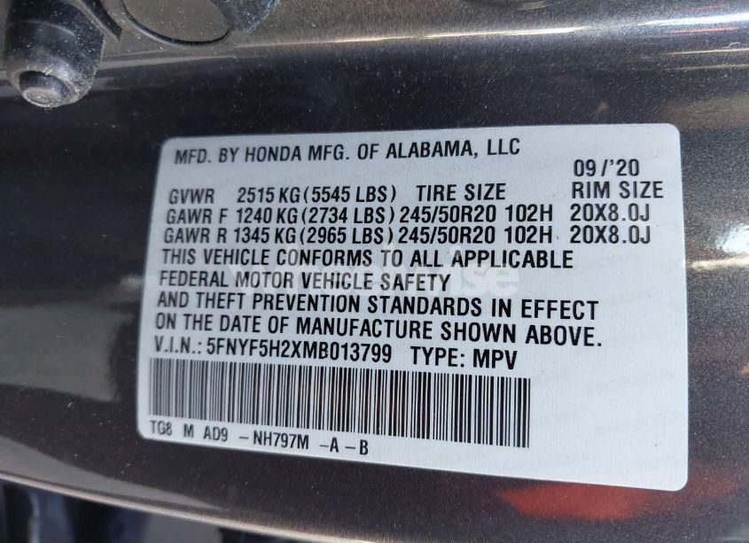 Photo 9 of 2021 Honda Pilot 2WD SPECIAL EDITION (VIN 5FNYF5H2XMB013799)