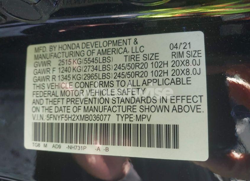 Photo 9 of 2021 Honda Pilot 2WD SPECIAL EDITION (VIN 5FNYF5H2XMB036077)