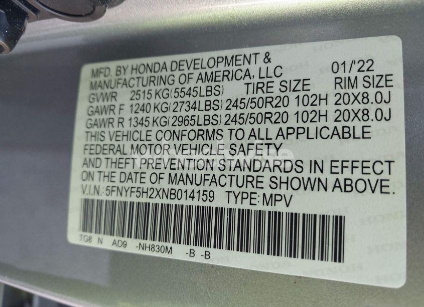 Photo 9 of 2022 Honda Pilot 2WD SPECIAL EDITION (VIN 5FNYF5H2XNB014159)