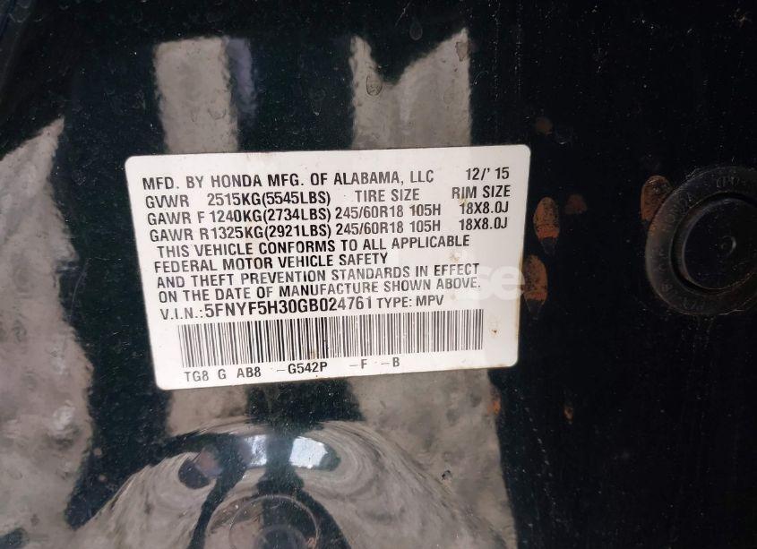 Photo 9 of 2016 Honda Pilot EX (VIN 5FNYF5H30GB024761)