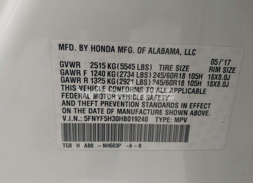 Photo 9 of 2017 Honda Pilot EX (VIN 5FNYF5H30HB019240)