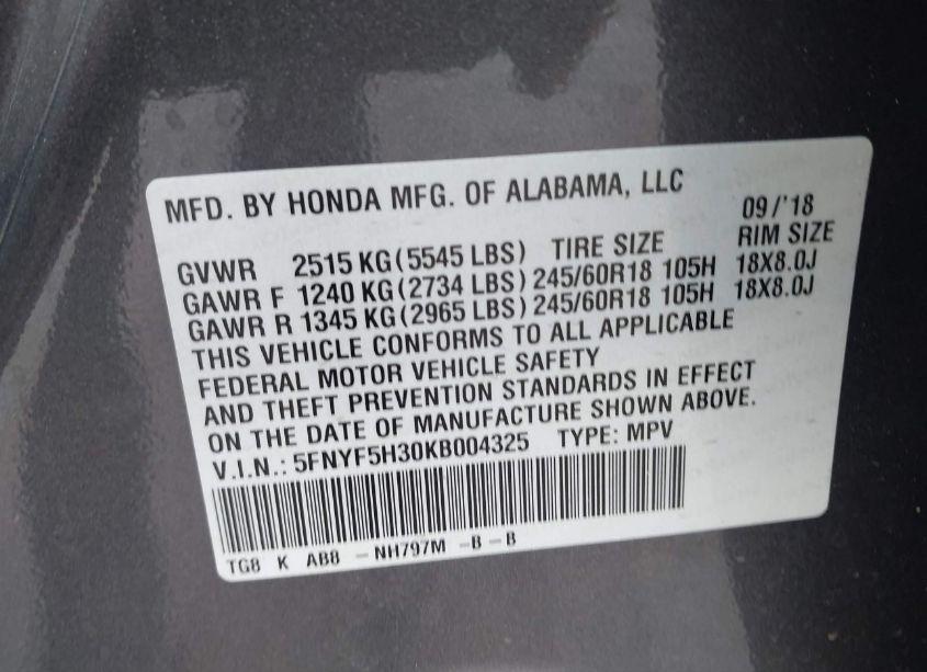 Photo 9 of 2019 Honda Pilot EX (VIN 5FNYF5H30KB004325)