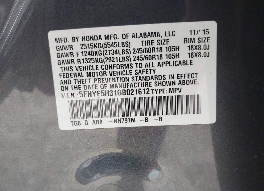 Photo 9 of 2016 Honda Pilot EX (VIN 5FNYF5H31GB021612)