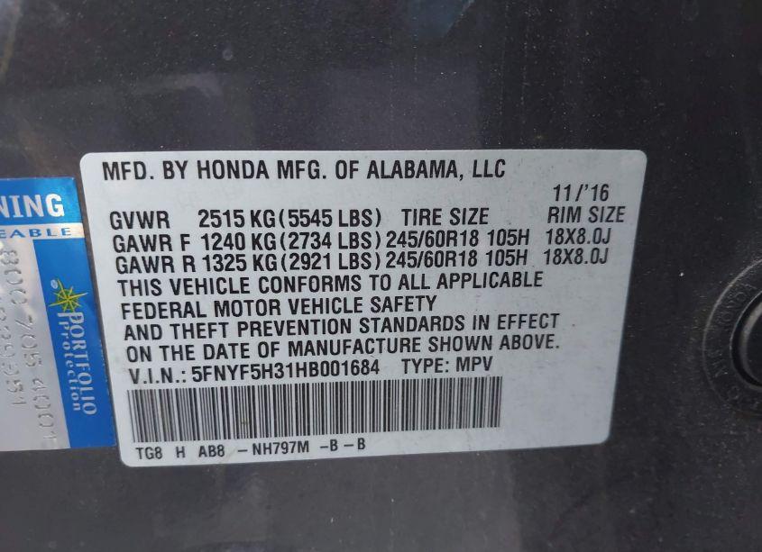 Photo 9 of 2017 Honda Pilot EX (VIN 5FNYF5H31HB001684)