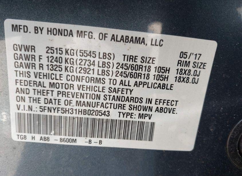 Photo 9 of 2017 Honda Pilot EX (VIN 5FNYF5H31HB020543)