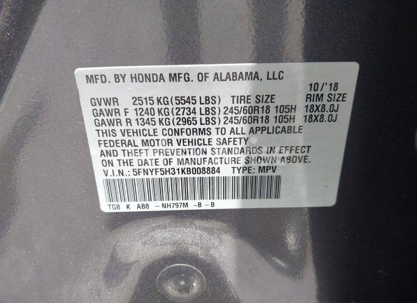 Photo 9 of 2019 Honda Pilot EX (VIN 5FNYF5H31KB008884)