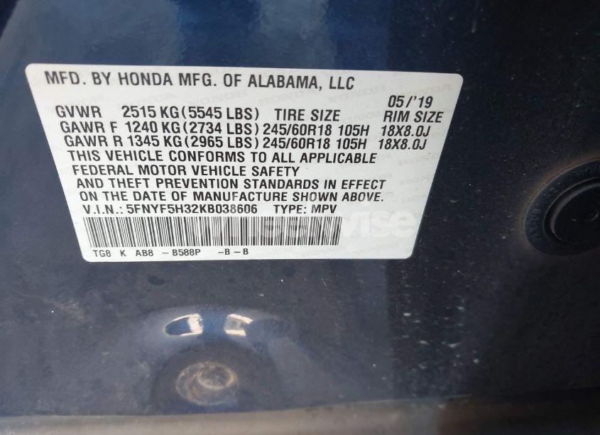 Photo 9 of 2019 Honda Pilot EX (VIN 5FNYF5H32KB038606)