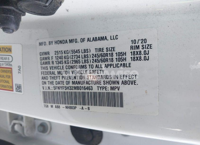 Photo 9 of 2021 Honda Pilot 2WD EX (VIN 5FNYF5H32MB016463)