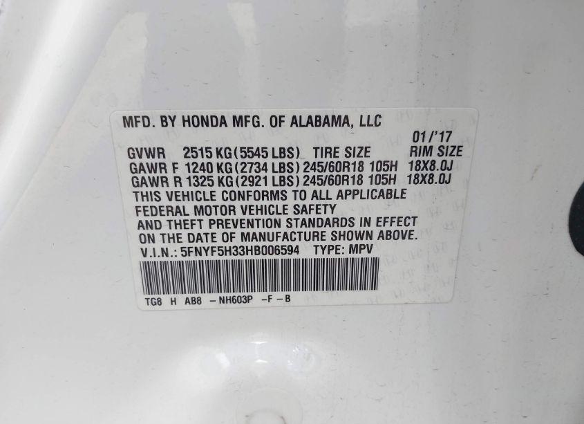 Photo 9 of 2017 Honda Pilot EX (VIN 5FNYF5H33HB006594)