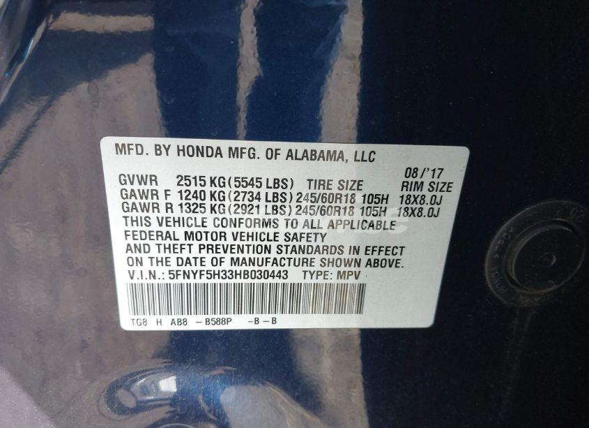 Photo 9 of 2017 Honda Pilot EX (VIN 5FNYF5H33HB030443)