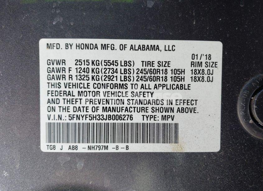 Photo 9 of 2018 Honda Pilot EX (VIN 5FNYF5H33JB006276)