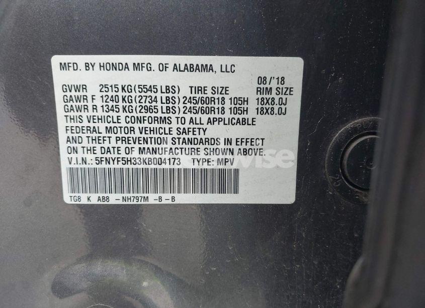 Photo 9 of 2019 Honda Pilot EX (VIN 5FNYF5H33KB004173)