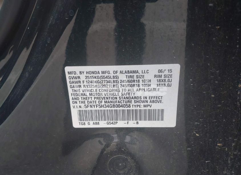 Photo 9 of 2016 Honda Pilot EX (VIN 5FNYF5H34GB004058)