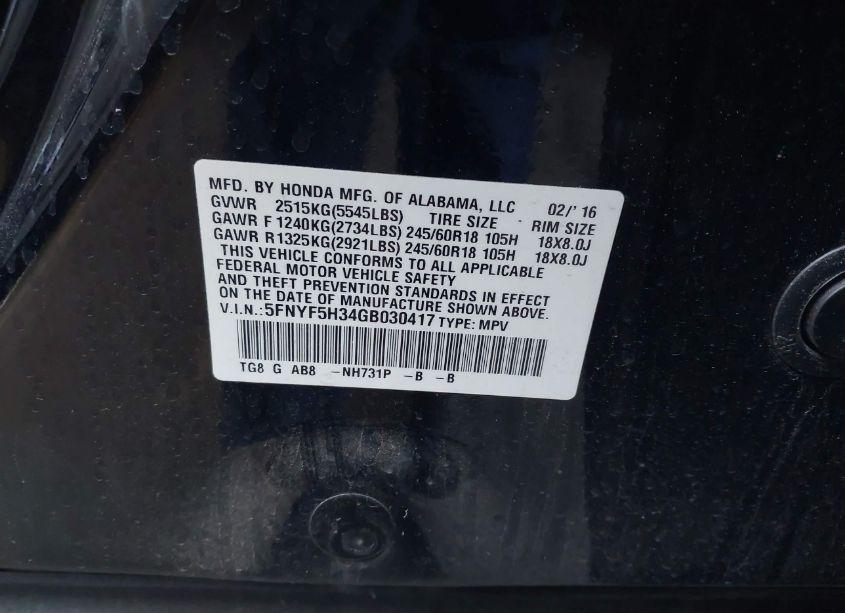 Photo 9 of 2016 Honda Pilot EX (VIN 5FNYF5H34GB030417)