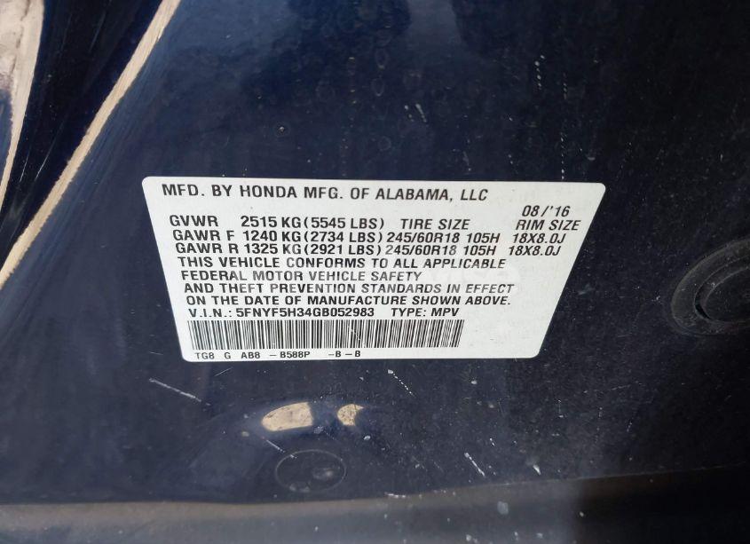 Photo 9 of 2016 Honda Pilot EX (VIN 5FNYF5H34GB052983)