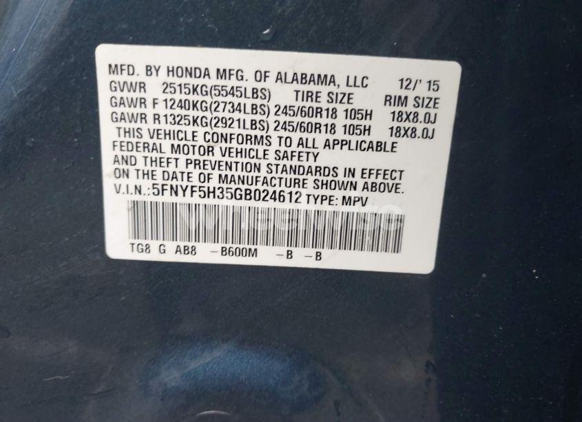 Photo 9 of 2016 Honda Pilot EX (VIN 5FNYF5H35GB024612)