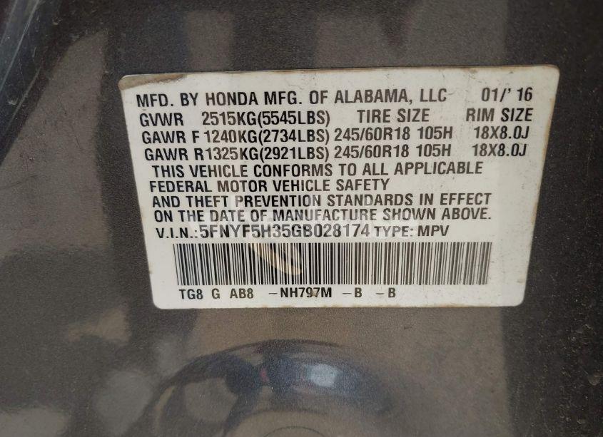 Photo 9 of 2016 Honda Pilot EX (VIN 5FNYF5H35GB028174)