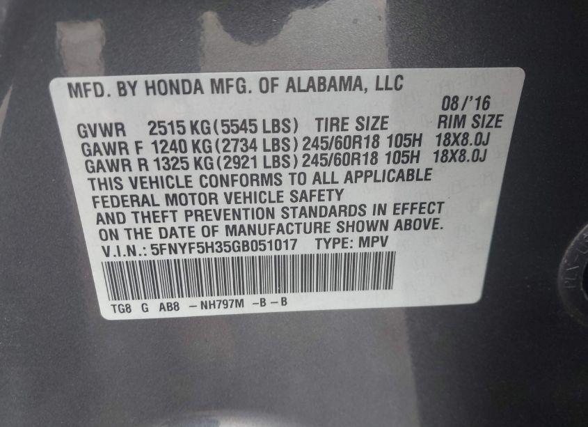 Photo 9 of 2016 Honda Pilot EX (VIN 5FNYF5H35GB051017)