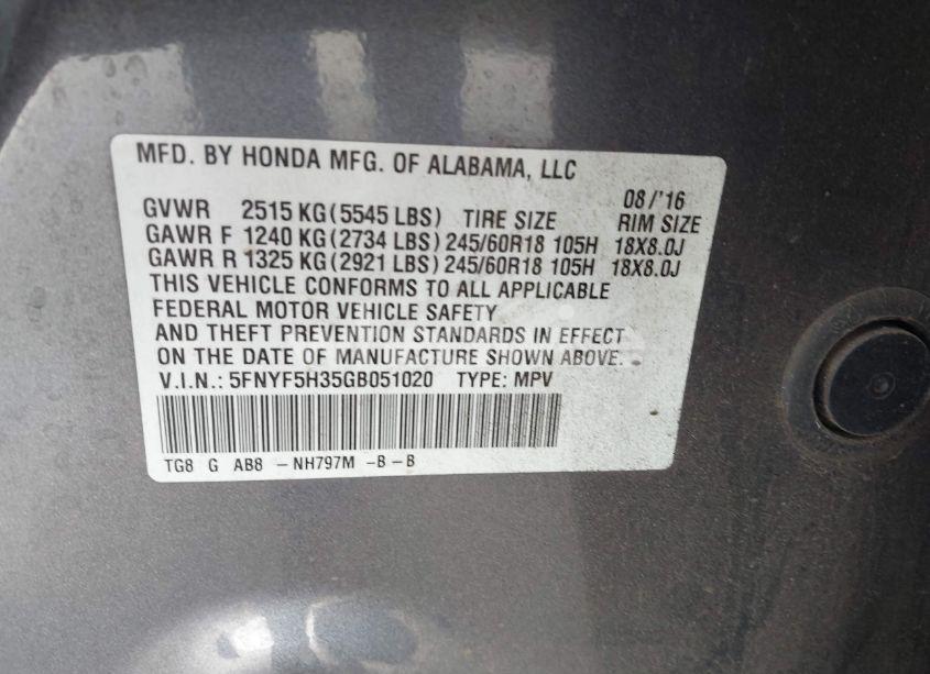 Photo 9 of 2016 Honda Pilot EX (VIN 5FNYF5H35GB051020)