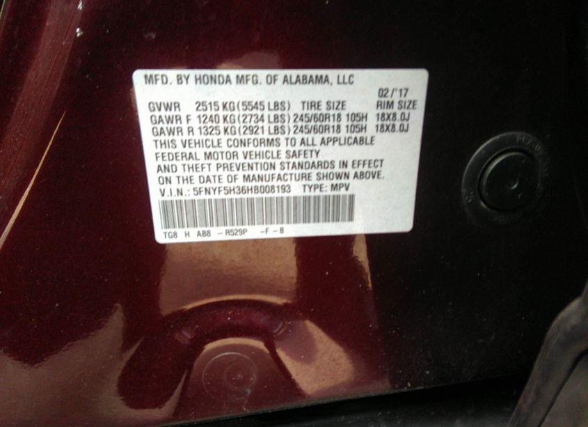 Photo 9 of 2017 Honda Pilot EX (VIN 5FNYF5H36HB008193)