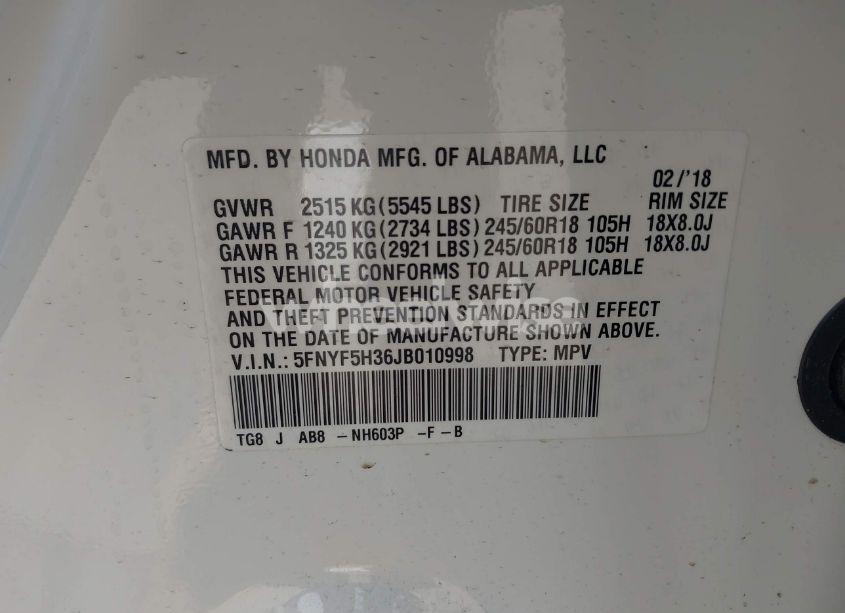Photo 9 of 2018 Honda Pilot EX (VIN 5FNYF5H36JB010998)
