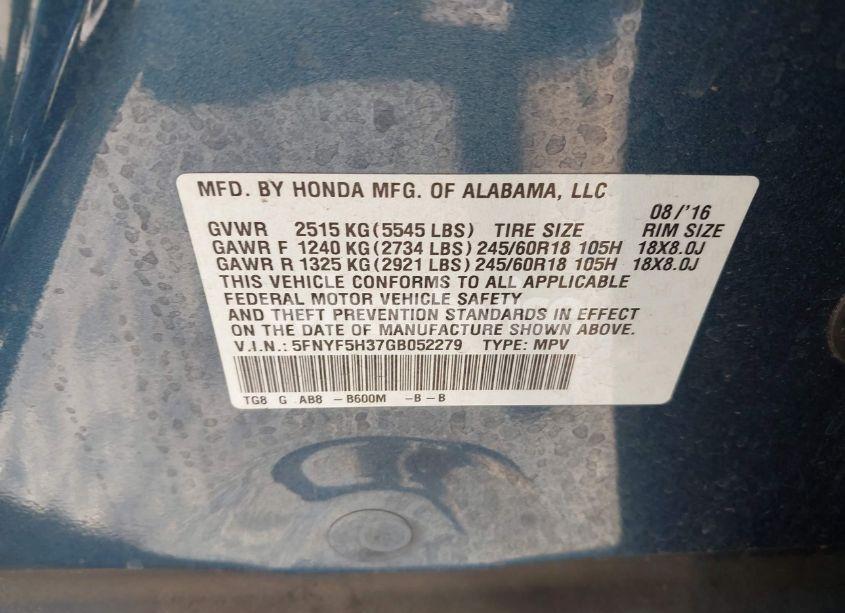 Photo 9 of 2016 Honda Pilot EX (VIN 5FNYF5H37GB052279)