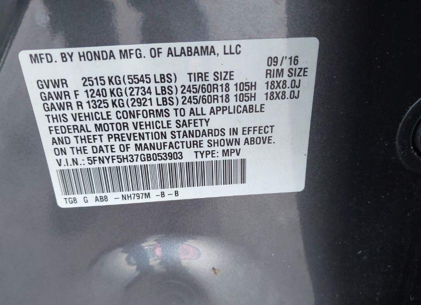 Photo 9 of 2016 Honda Pilot EX (VIN 5FNYF5H37GB053903)