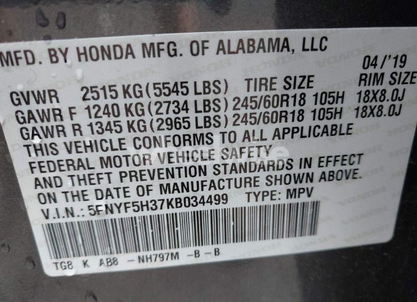 Photo 9 of 2019 Honda Pilot EX (VIN 5FNYF5H37KB034499)