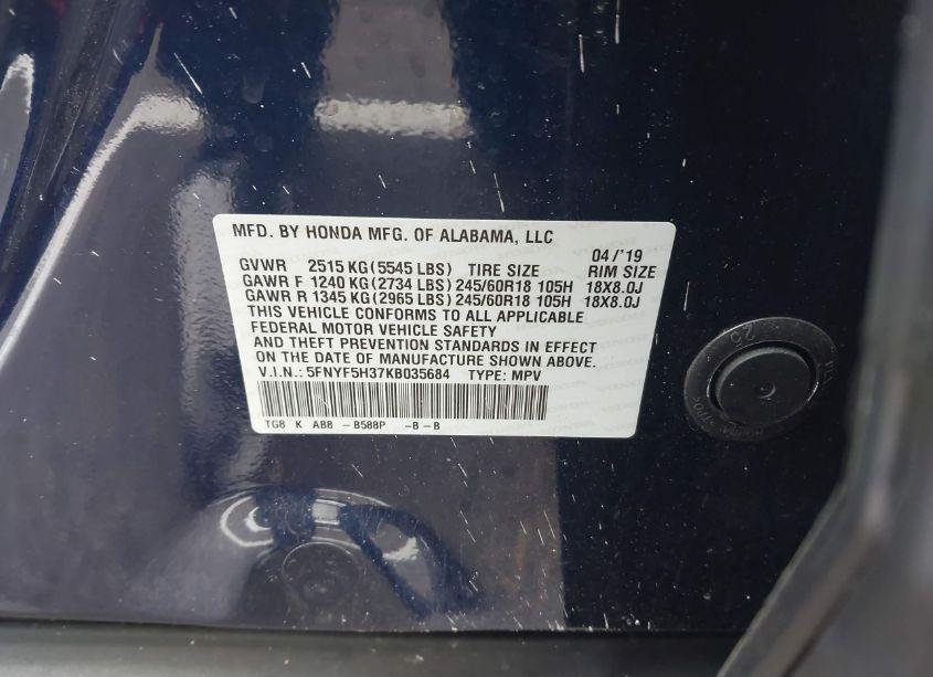 Photo 9 of 2019 Honda Pilot EX (VIN 5FNYF5H37KB035684)