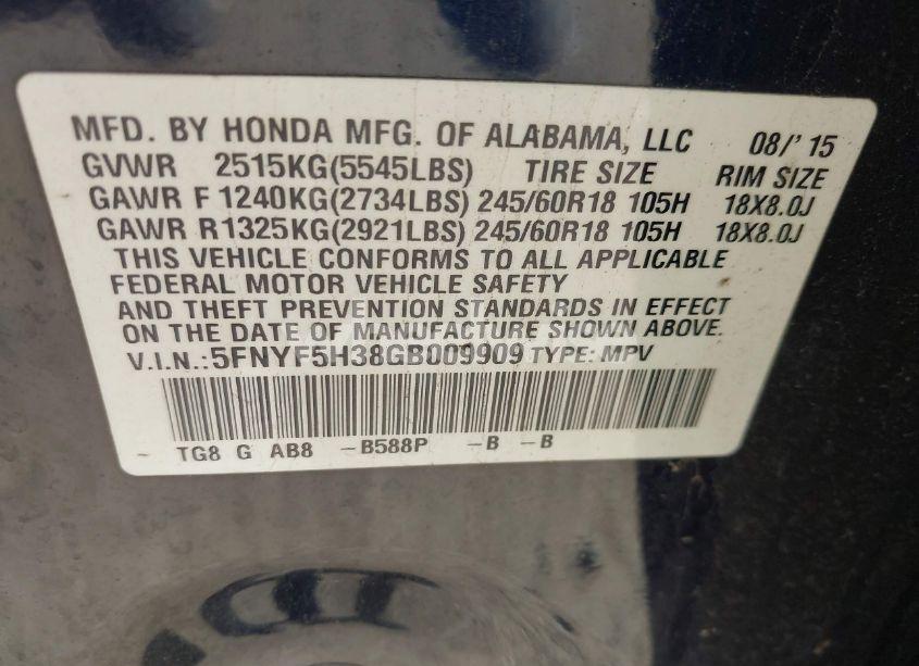 Photo 9 of 2016 Honda Pilot EX (VIN 5FNYF5H38GB009909)